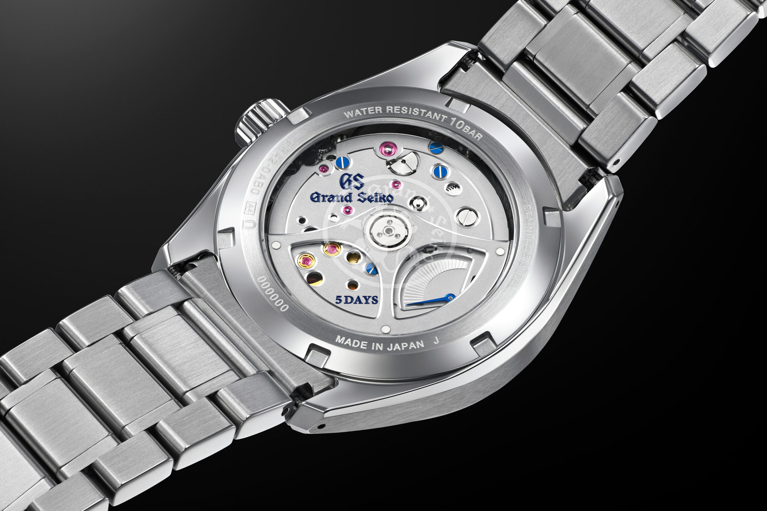 Photograph showing the Spring Drive calibre 9RA2 with its 5 day power reserve indicator located in the Grand Seiko SLGA013