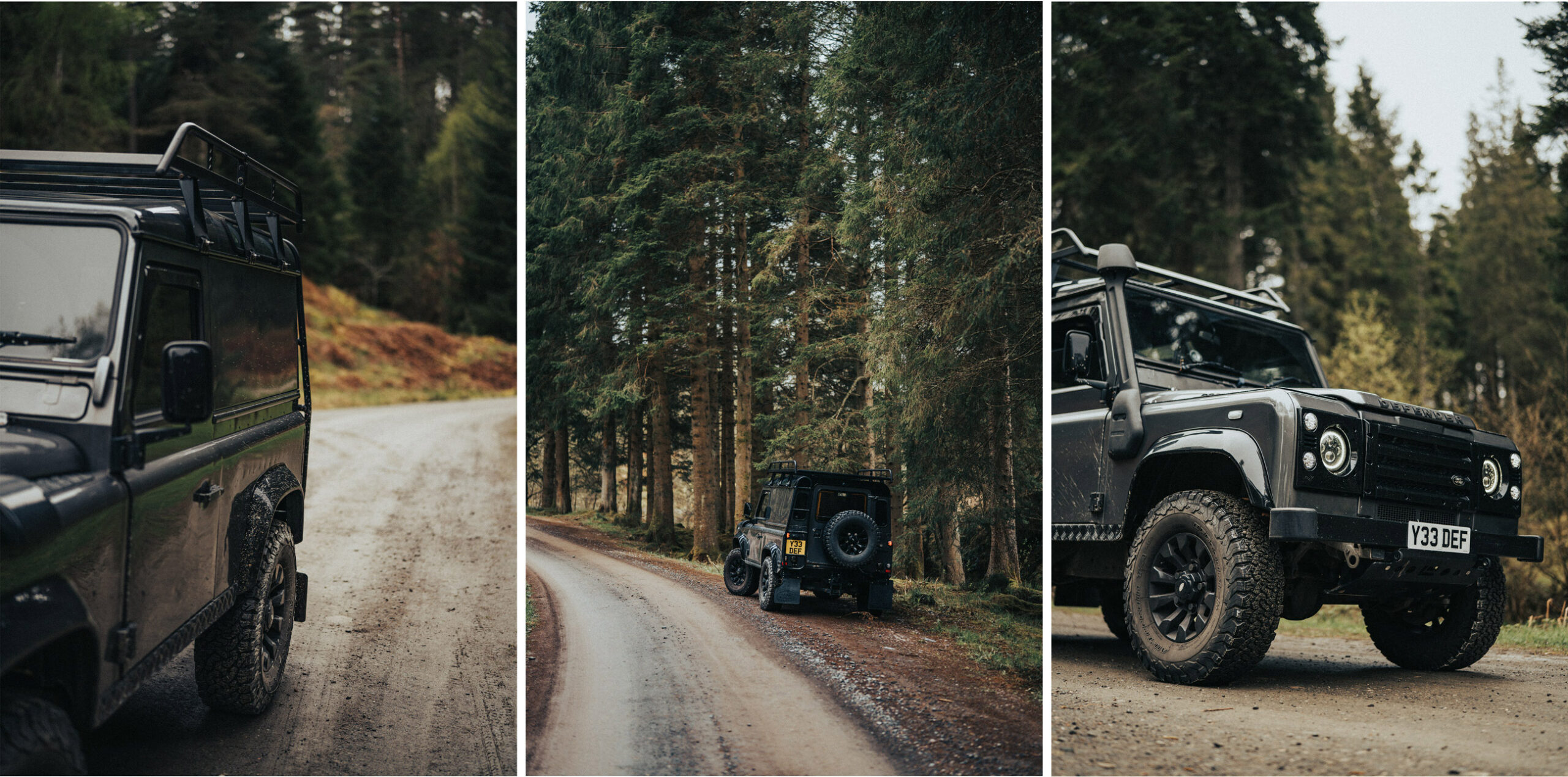 2001 Land Rover defender 90 parked on a forest road in Scotland
