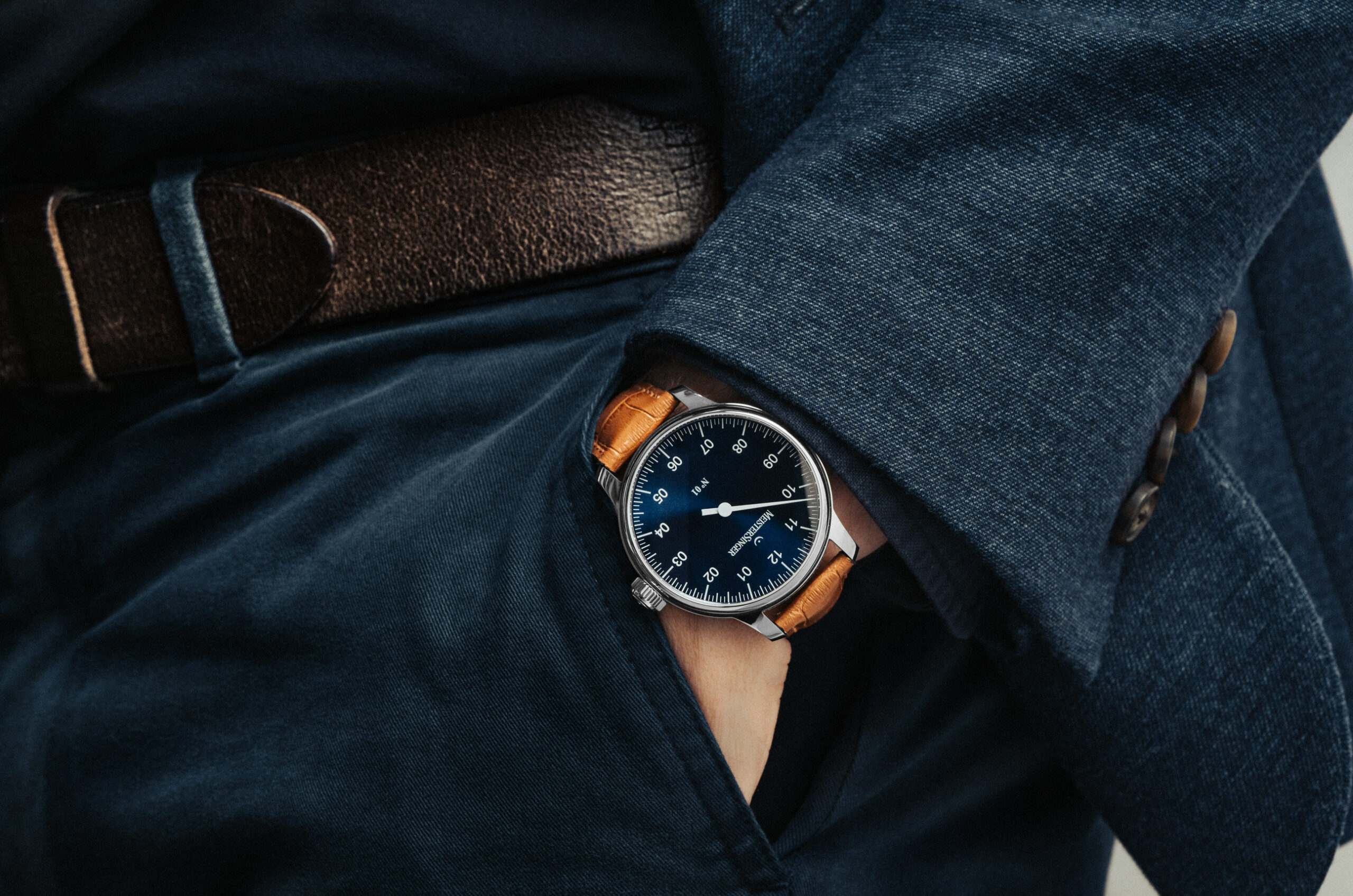 Meistersinger Classic No.1 Blue dial on wrist in pocket