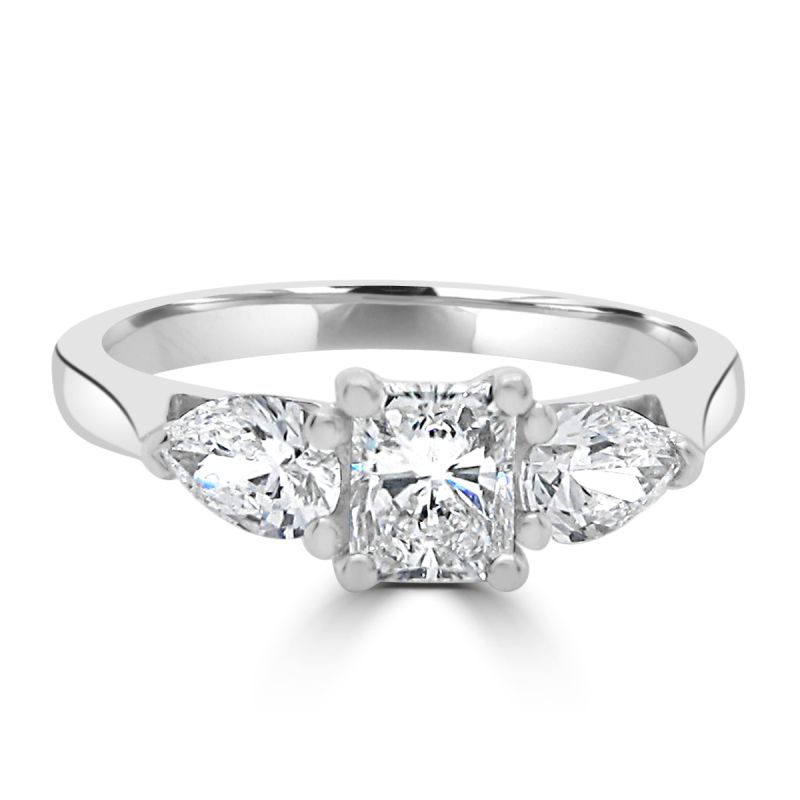 Platinum Radiant & Pear Cut Diamond 3 Stone Engagement Ring 0.91