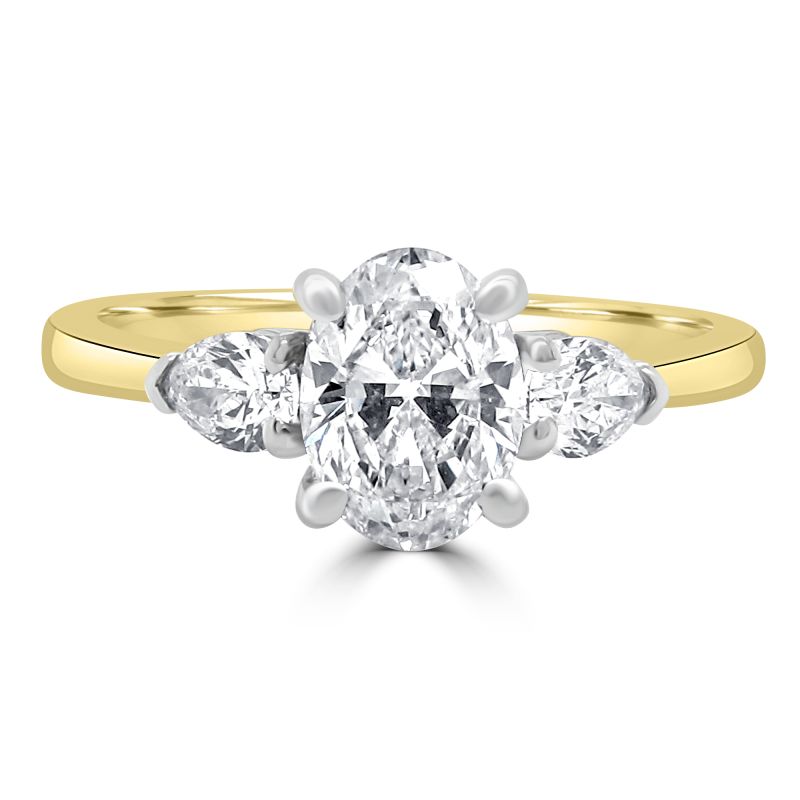 18ct Yellow Gold Oval & Pear Cut Diamond 3 Stone Engagement Ring