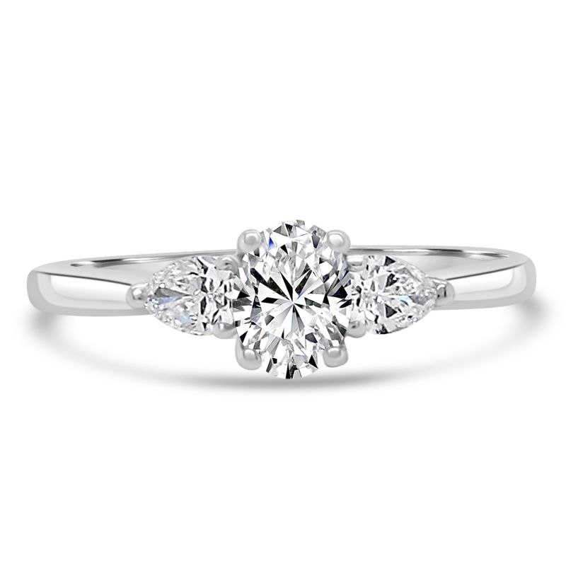Platinum Oval & Pear Cut Diamond Three Stone Engagement Ring