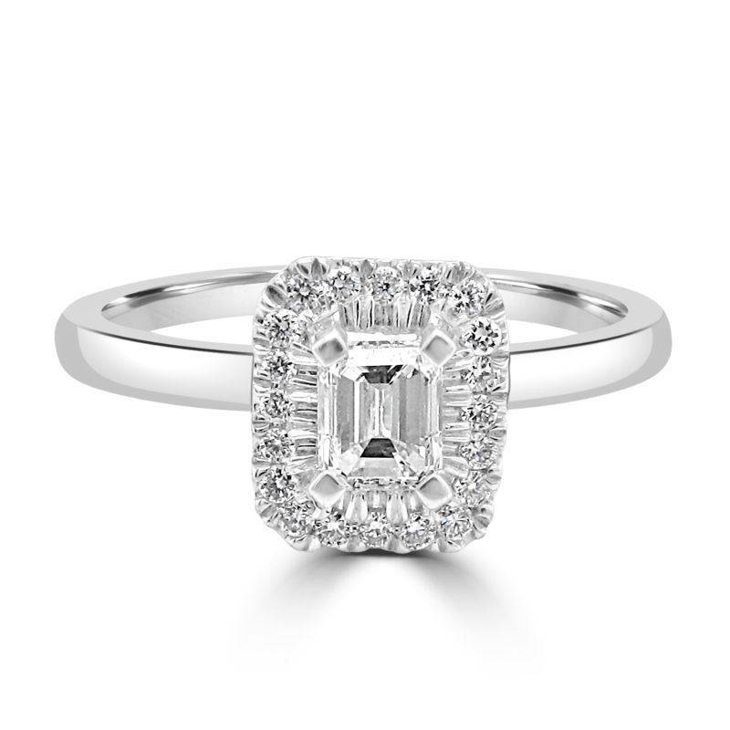 18ct White Gold Emerald Cut Diamond Halo Engagement Ring 0.50ct