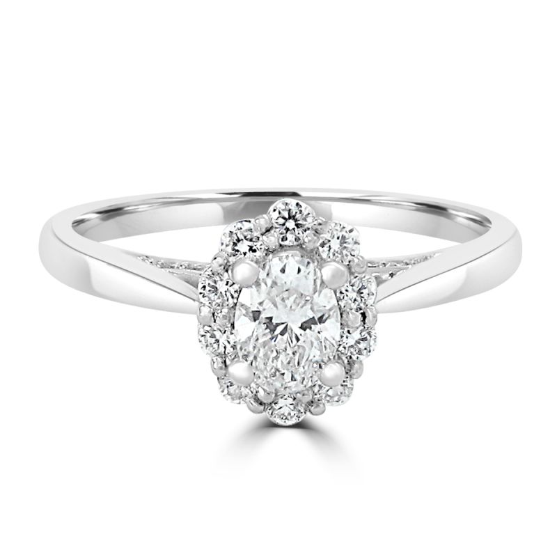 18ct White Gold Oval Cut Diamond Halo Engagement Ring 0.50ct