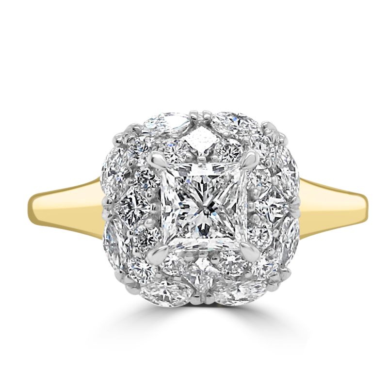 18ct Yellow Gold Princess Cut Diamond Cluster Engagement Ring