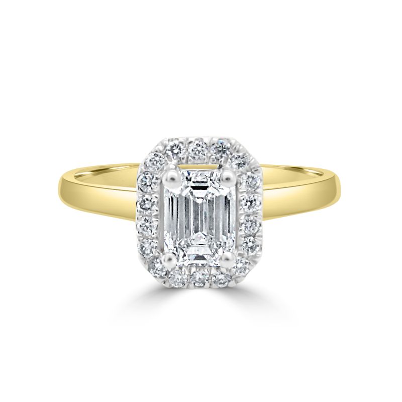18ct Yellow Gold Emerald Cut Diamond Halo Engagement Ring 0.72ct