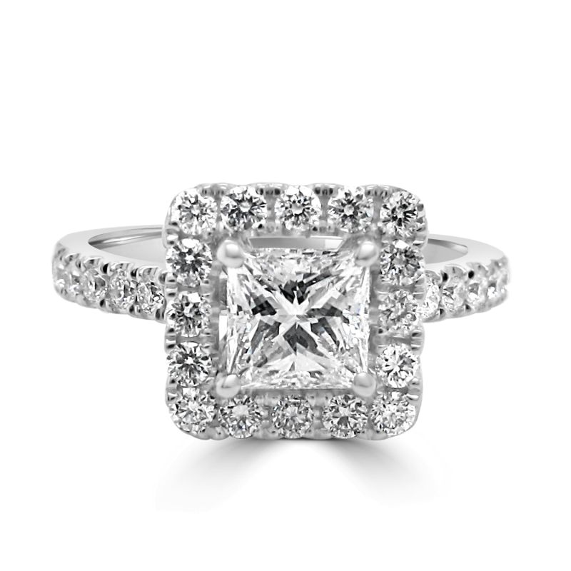 Platinum Princess Cut Diamond Halo Engagement Ring 1.44ct