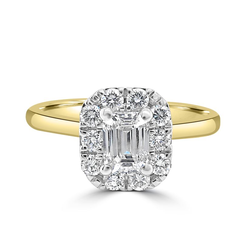 18ct Yellow Gold Emerald Cut Halo Engagement Ring 0.69ct