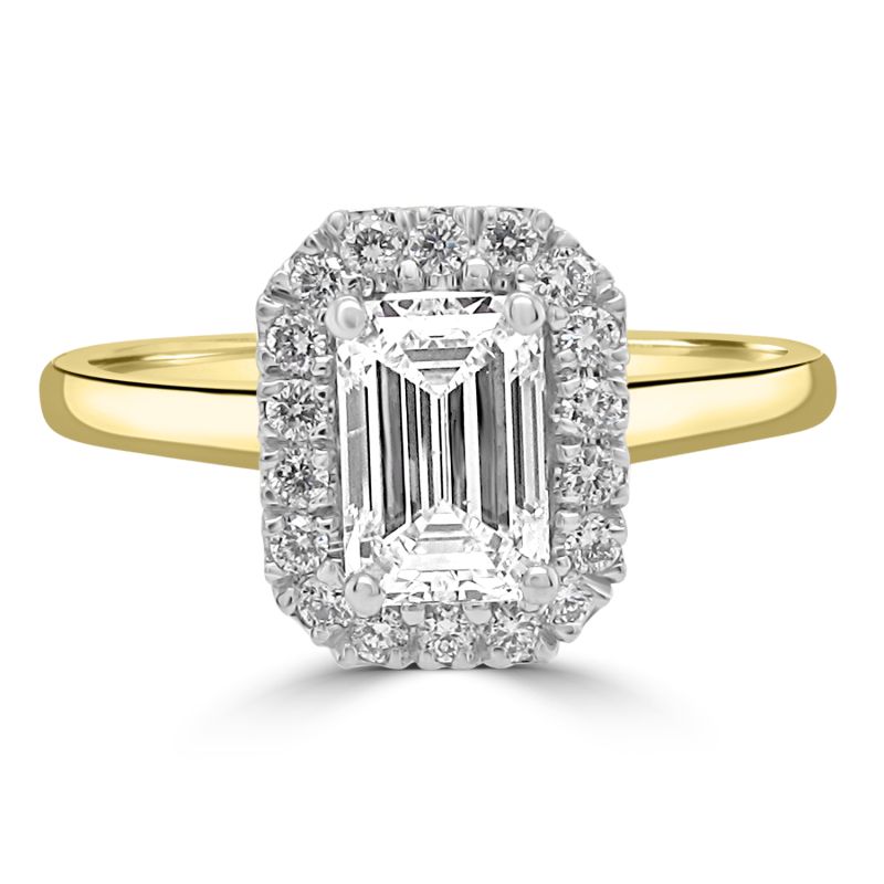 18ct Yellow Gold Emerald Cut Diamond Halo Engagement Ring 0.87ct