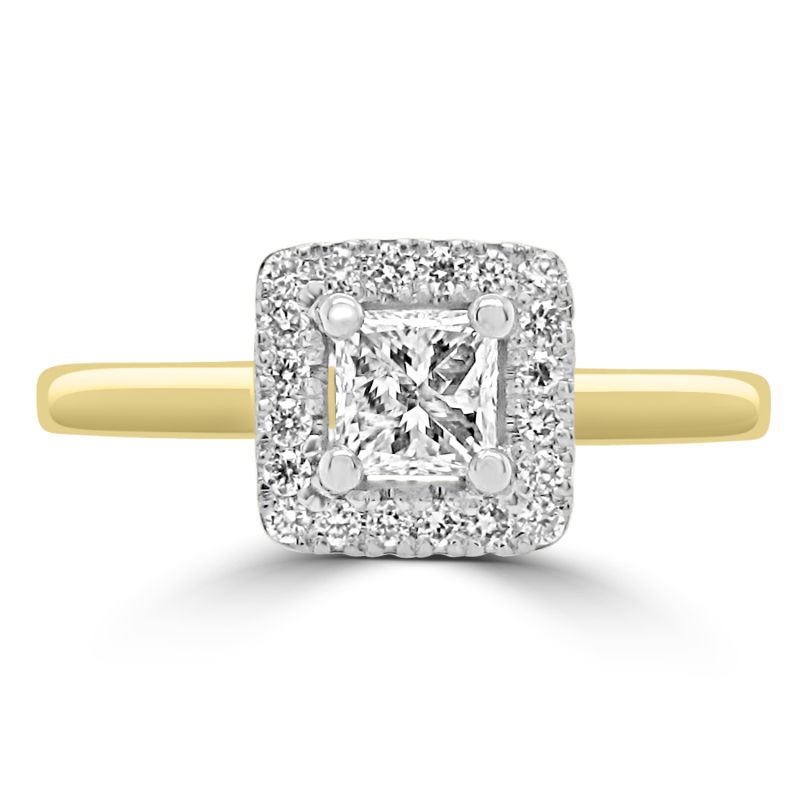 18ct Yellow Gold Princess Cut Diamond Halo Engagement Ring 0.39