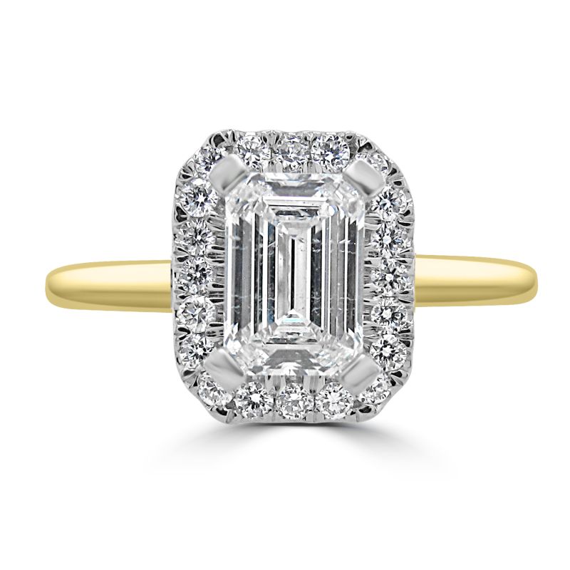 18ct Yellow Gold Emerald Cut Diamond Halo Engagement Ring 0.85ct