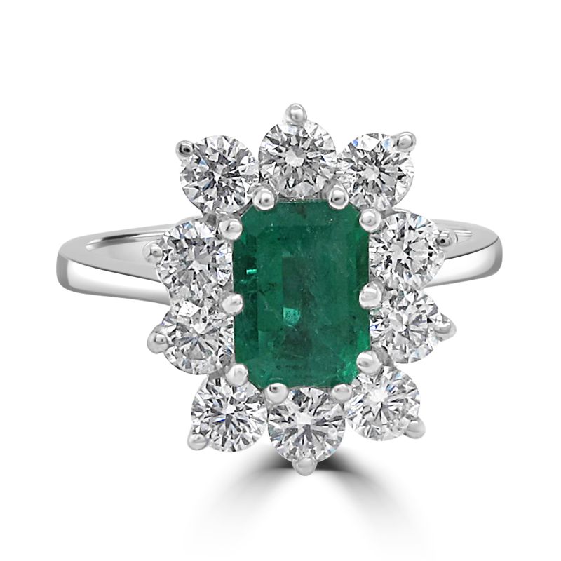 18ct White Gold Emerald Cut Emerald & Diamond Cluster Ring 1.01