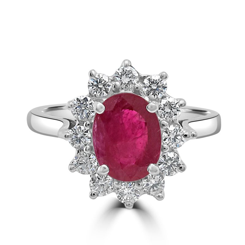 18ct White Gold Ruby & Diamond Cluster Engagement Ring 0.49ct