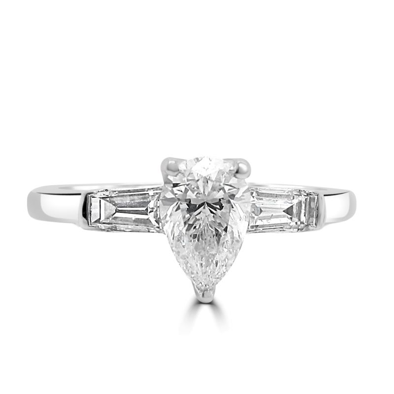 18ct White Gold Pear & Baguette Cut Diamond Engagement Ring 0.84