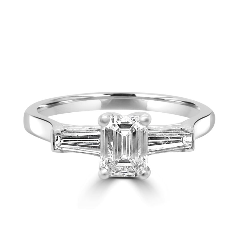18ct White Gold Emerald & Baguette Cut Diamond Engagement Ring