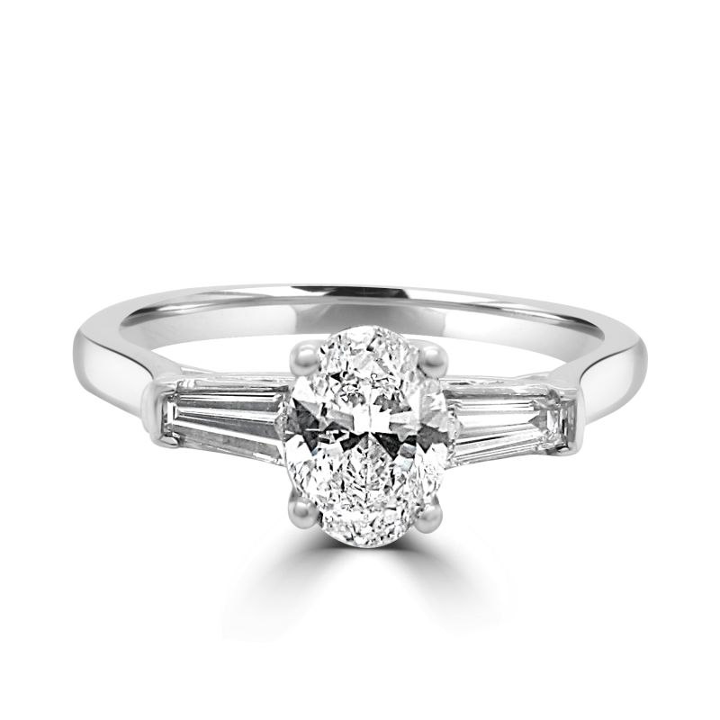 18ct White Gold Oval & Baguette Cut Diamond Engagement Ring