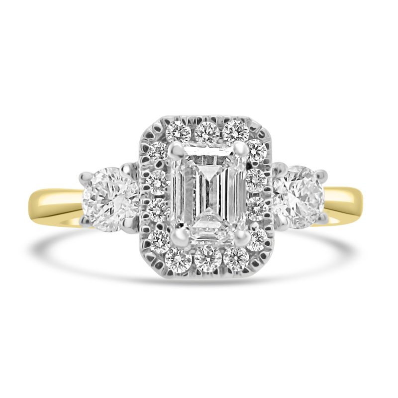 18ct Yellow Gold Emerald Cut Diamond Halo Engagement Ring 0.75