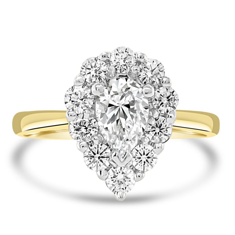18ct Yellow Gold Pear Cut Diamond Halo Engagement Ring 0.95ct