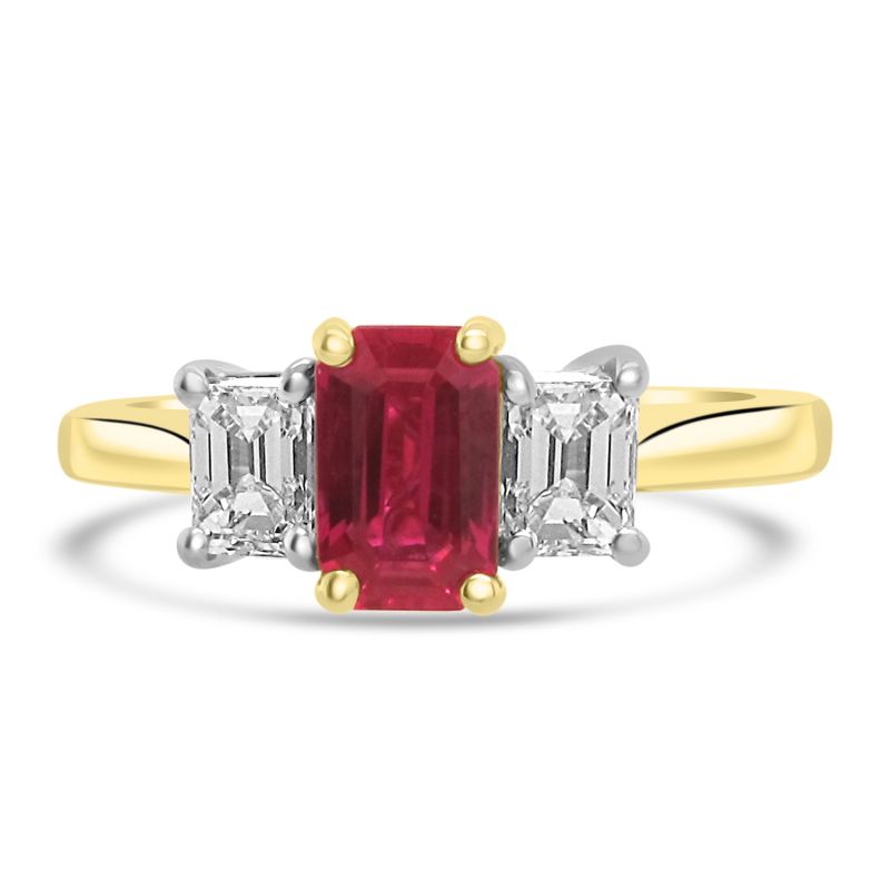 18ct Yellow Gold Emerald Cut Ruby & Diamond Engagement Ring