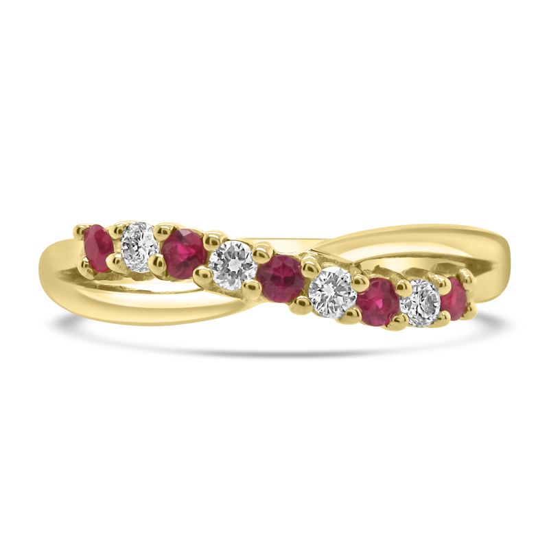 18ct Yellow Gold Ruby & Diamond Crossover Eternity Ring 0.10ct