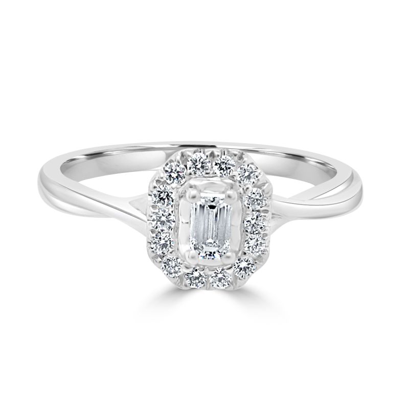 18ct White Gold Emerald Cut Diamond Halo Engagement Ring 0.20ct
