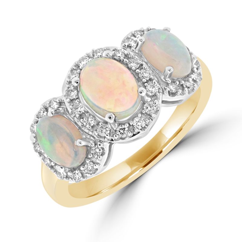9ct Yellow Gold Opal & Diamond Triple Cluster Ring 0.21ct