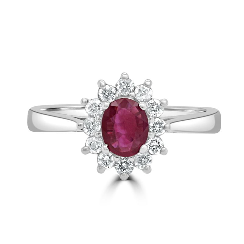 9ct White Gold Oval Ruby and Diamond Cluster Ring