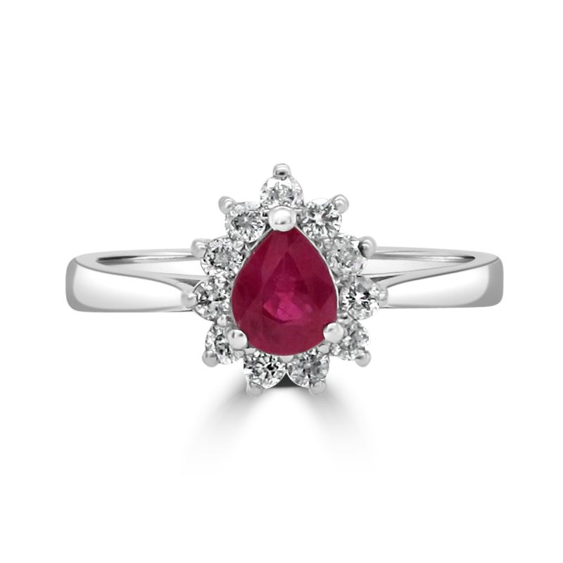 9ct White Gold Pear Cut Ruby and Diamond Cluster Ring