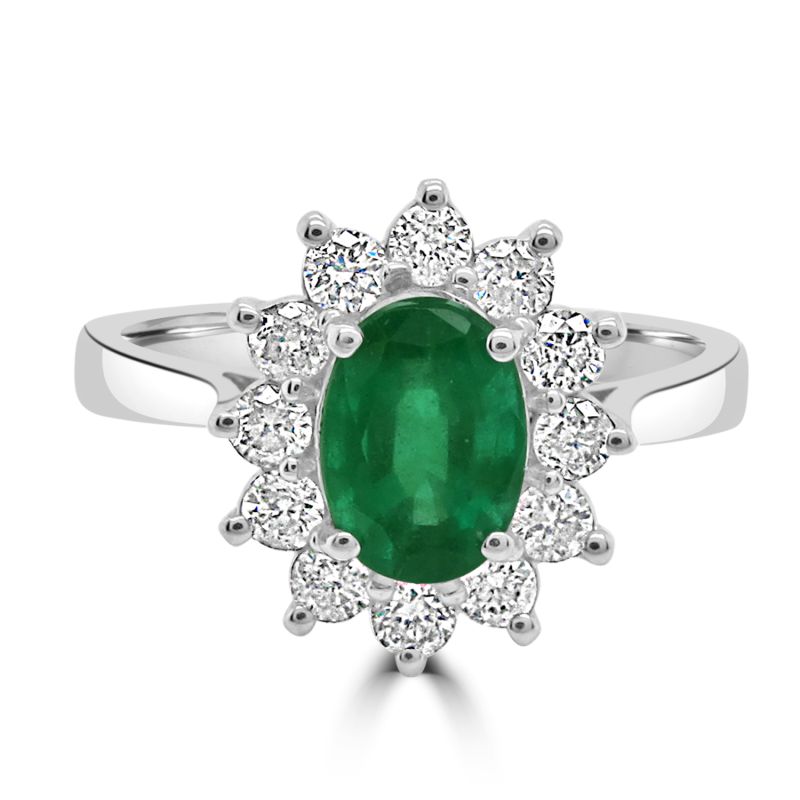 Oval Cut Emerald and Diamond Cluster Ring in 9ct White Gold
