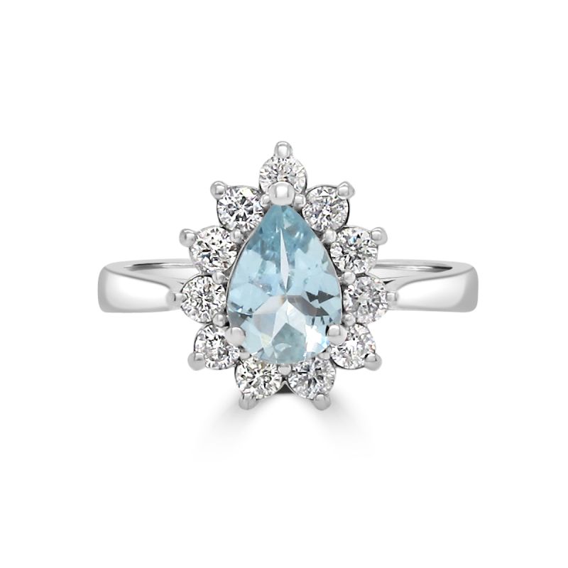 Pear Cut Aquamarine and Diamond Cluster Ring in 9ct Gold