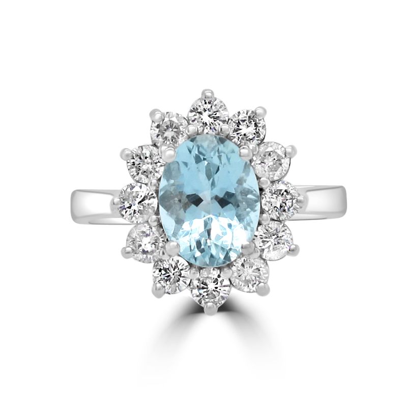 Oval Cut Aquamarine and Diamond Cluster Ring in 9ct White gold