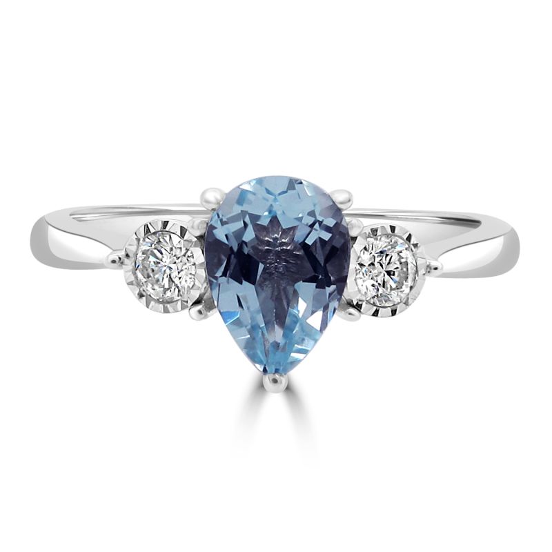 9ct White Gold Blue Topaz & Diamond 3 Stone Dress Ring