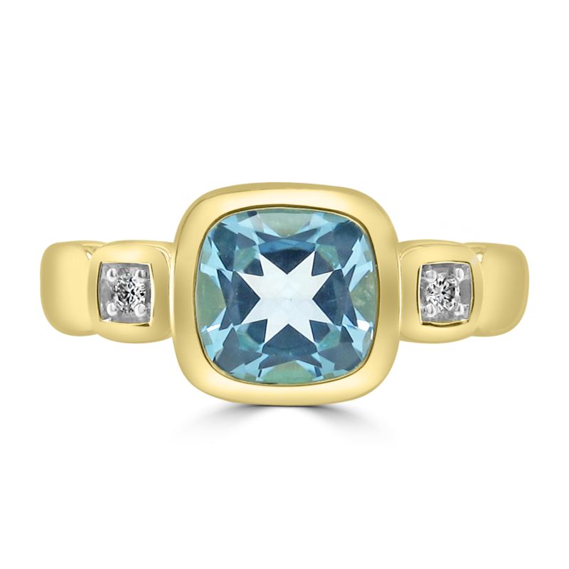 9ct Yellow Gold Blue Topaz & Diamond 3 Stone Dress Ring 0.02ct