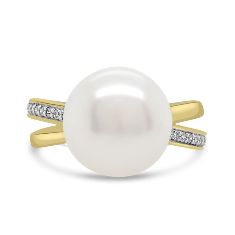 9ct Yellow Gold Freshwater Bouton Pearl & Diamond Dress Ring .10ct