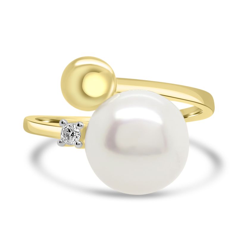 9ct Yellow Gold Freshwater Bouton Pearl & Diamond Dress Ring