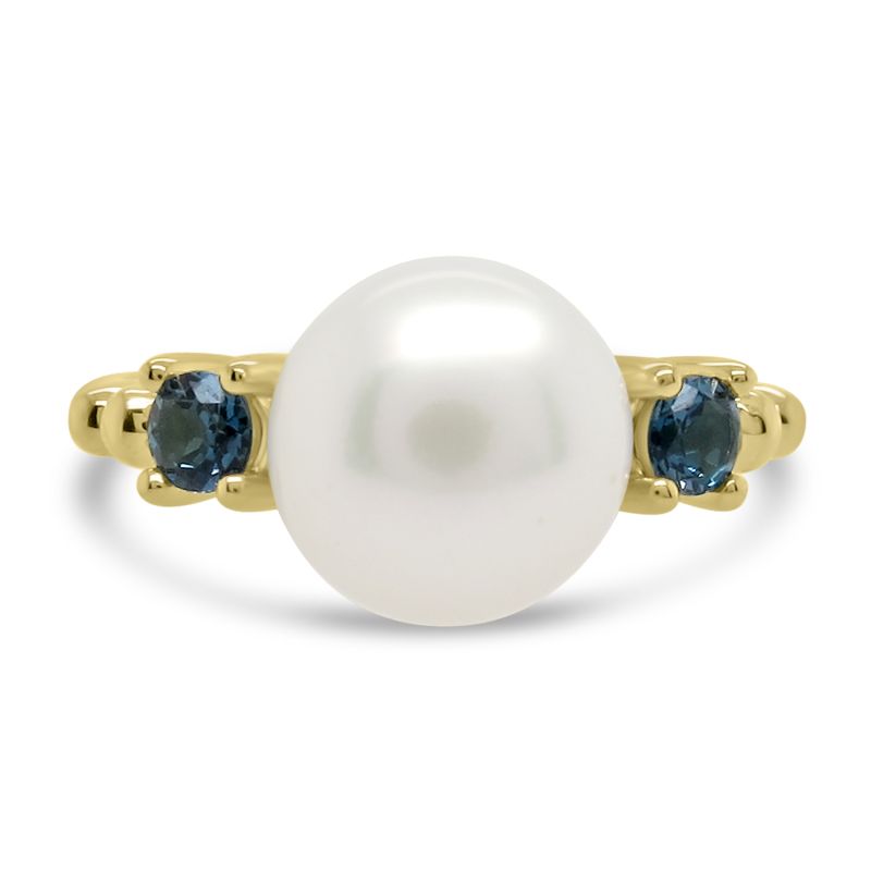 9ct Yellow Gold Freshwater Pearl & London Blue Topaz Dress Ring