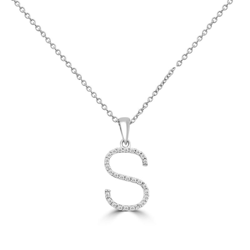 9ct White Gold Diamond Initial Pendant 'S' & Chain 0.08ct