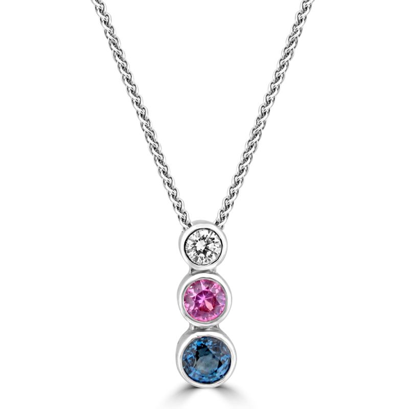 9ct White Gold Diamond, Pink Sapphire & Blue Sapphire Pendant