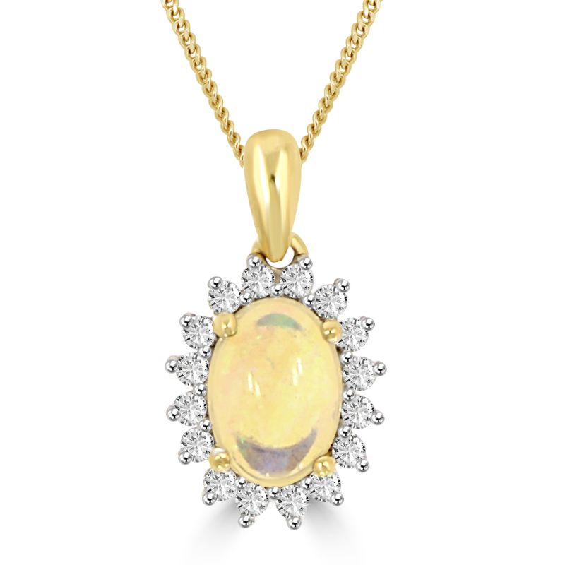 18ct Yellow Gold Oval Opal & Diamond Cluster Pendant 0.14ct