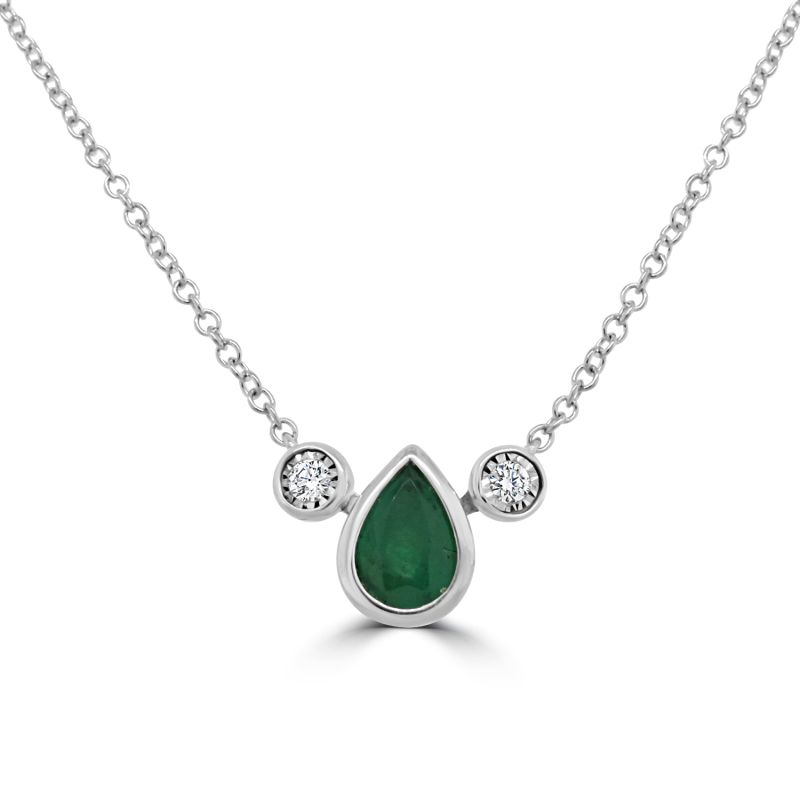9ct White Gold Emerald & Diamond 3 Stone Necklet 0.06ct