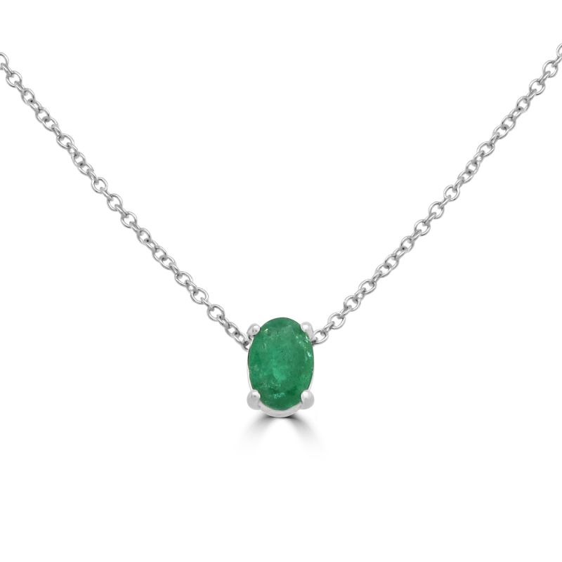 9ct White Gold Oval Emerald Pendant & Chain