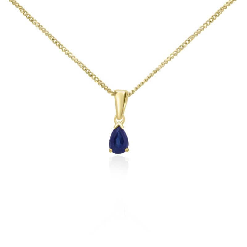 9ct Yellow Gold Pear Cut Blue Sapphire Pendant & Chain