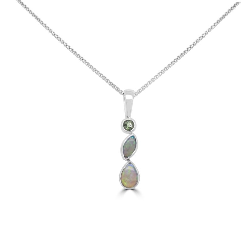 9ct White Gold Opal & Green Topaz Pendant & Chain