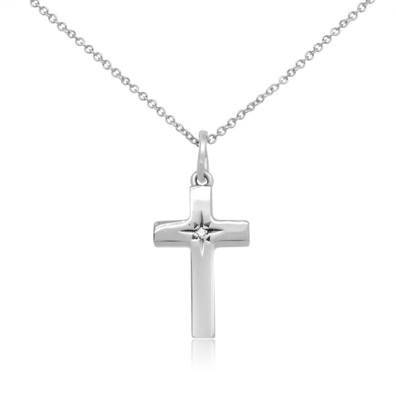 9ct White Gold Diamond Set Cross Pendant & Chain