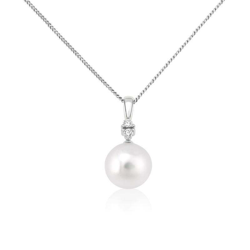 9ct White Gold Pearl and Diamond Pendant & Chain 0.04ct