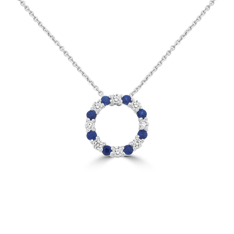 18ct White Gold Sapphire & Diamond Circle Pendant & Chain 0.27ct