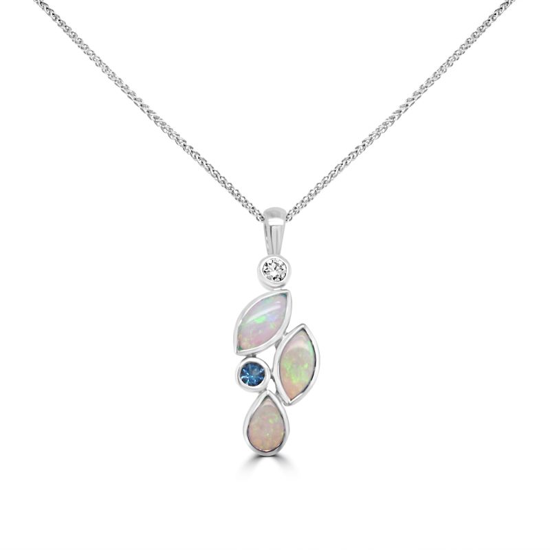 9ct White Gold Opal Aquamarine & Diamond Pendant & Chain