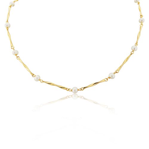 Ladies 9ct Yellow Gold Twisted Link & Cultured Pearl Necklet