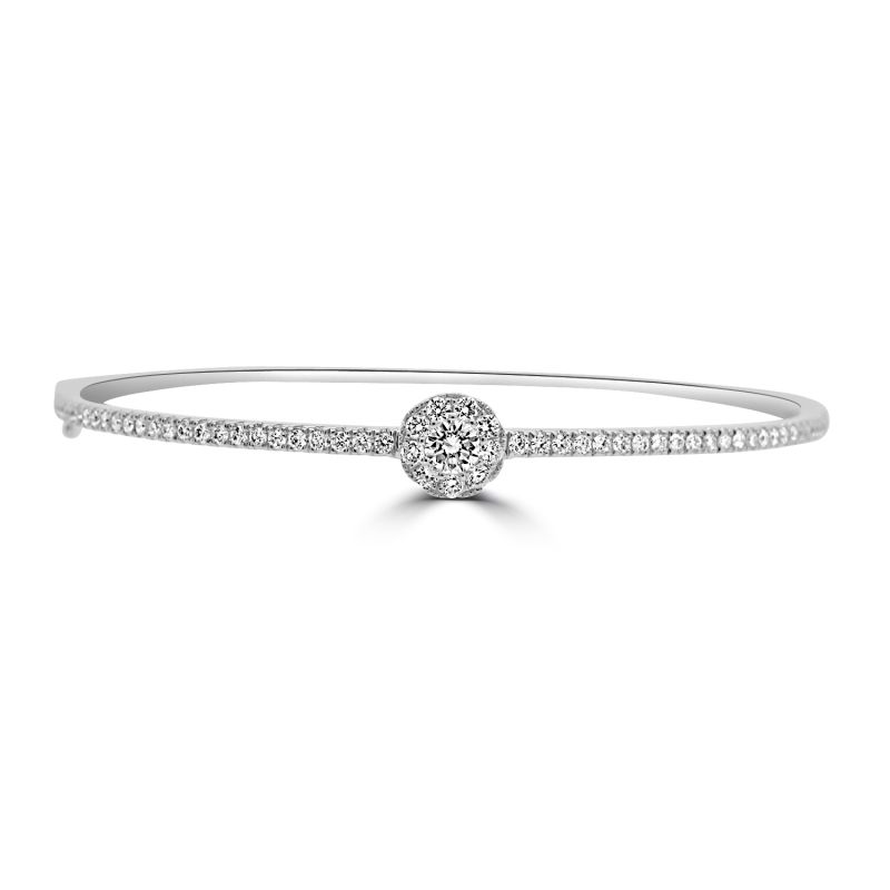 18ct White Gold Diamond Set Bangle with Round Cluster 0.58ct