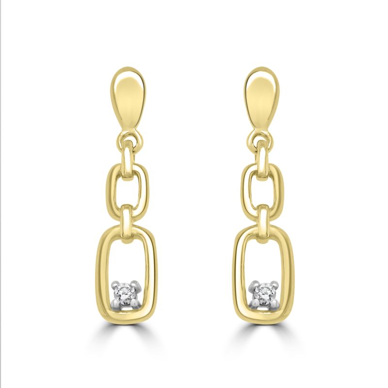 9ct Yellow Gold Brilliant Cut Diamond Drop Link Earrings 0.03ct